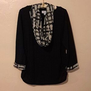 Elle Long Sleeve Sweater with Scarf Size Medium Black, Grey and White Cuffs
